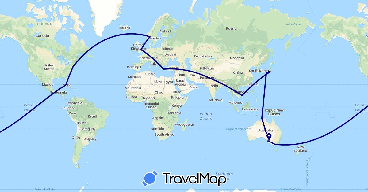 TravelMap itinerary: driving in Australia, Cuba, United Kingdom, Greece, India, Japan, Norway, New Zealand, United States, Vietnam (Asia, Europe, North America, Oceania)